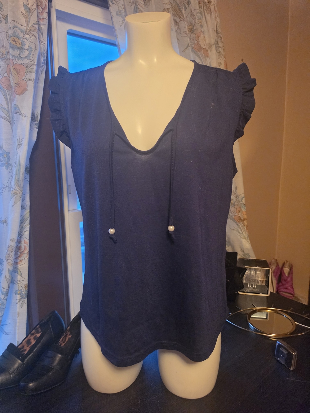 Navy Ruffle Sleeve V-Neck Women's Top